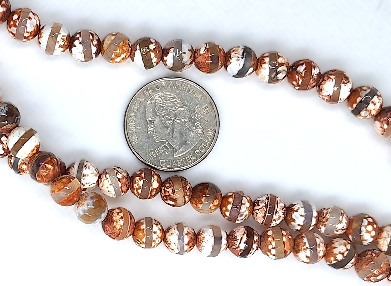 8mm Grey Line Brown White Tibetan DZI Agate Faceted Round Gemstone Beads 8-Inch Strand