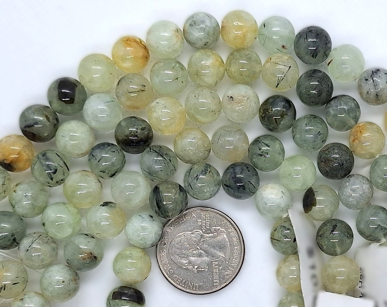 10mm Prehnite Black Hair Round Gemstone Beads 8-Inch Strand