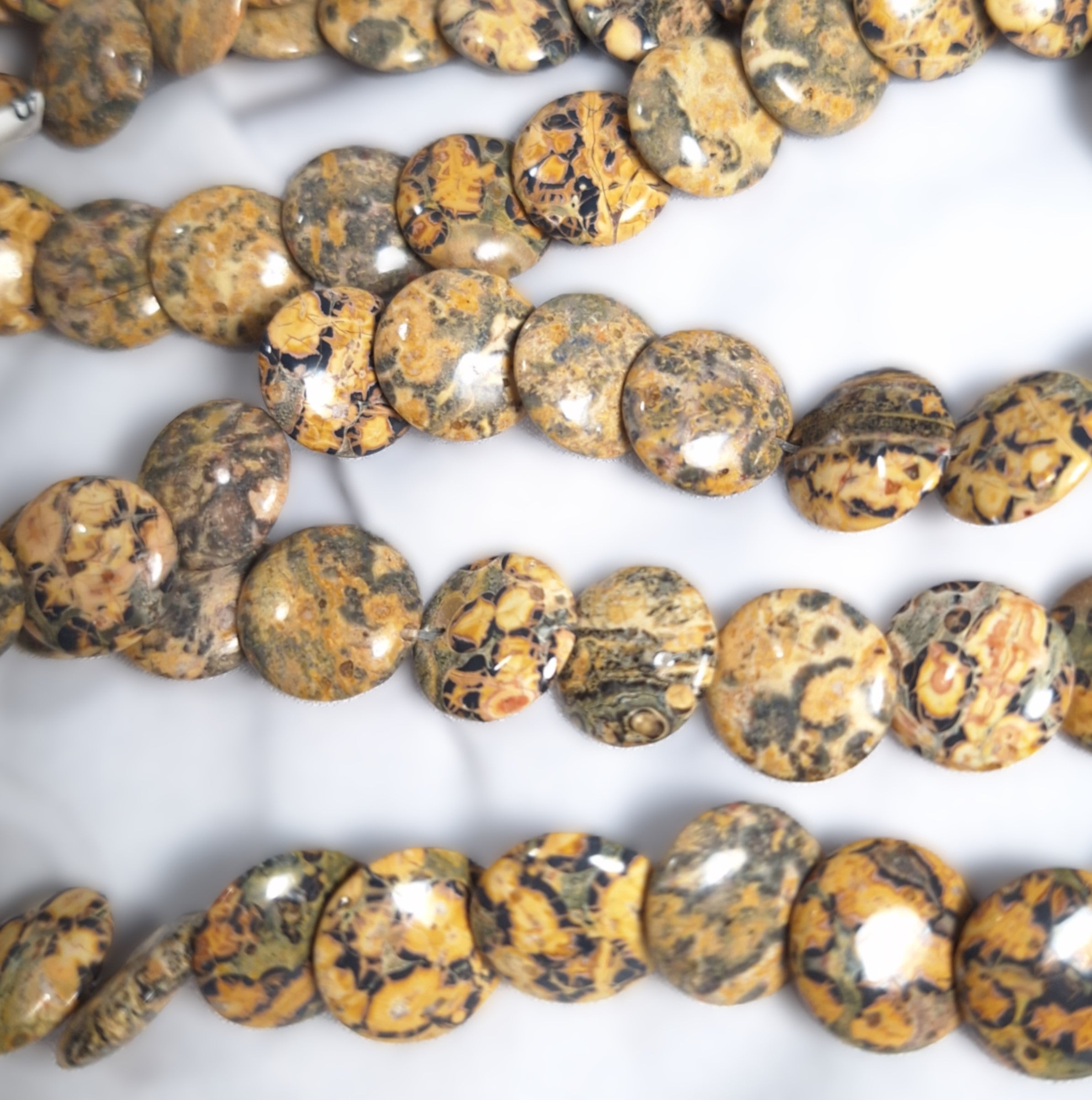 12mm Leopard Jasper Tiled Lentil Coin Gemstone Beads 16-Inch Strand