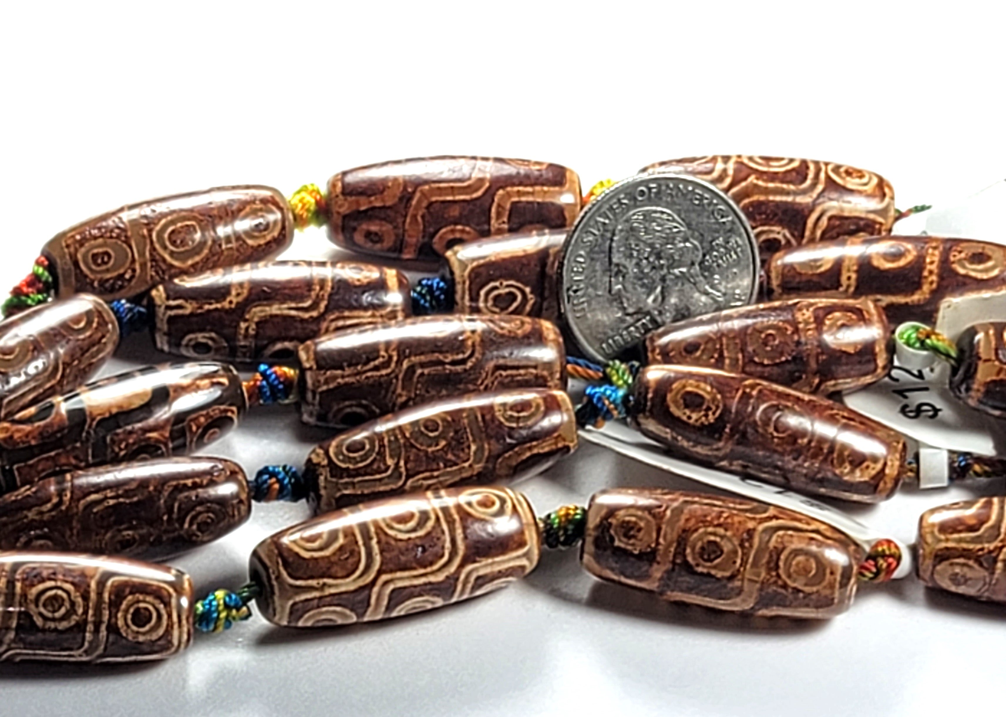 30x13mm Dzi Tibetan Agate Brown 9 Eyes Barrel Gemstone Beads 8-Inch Strand