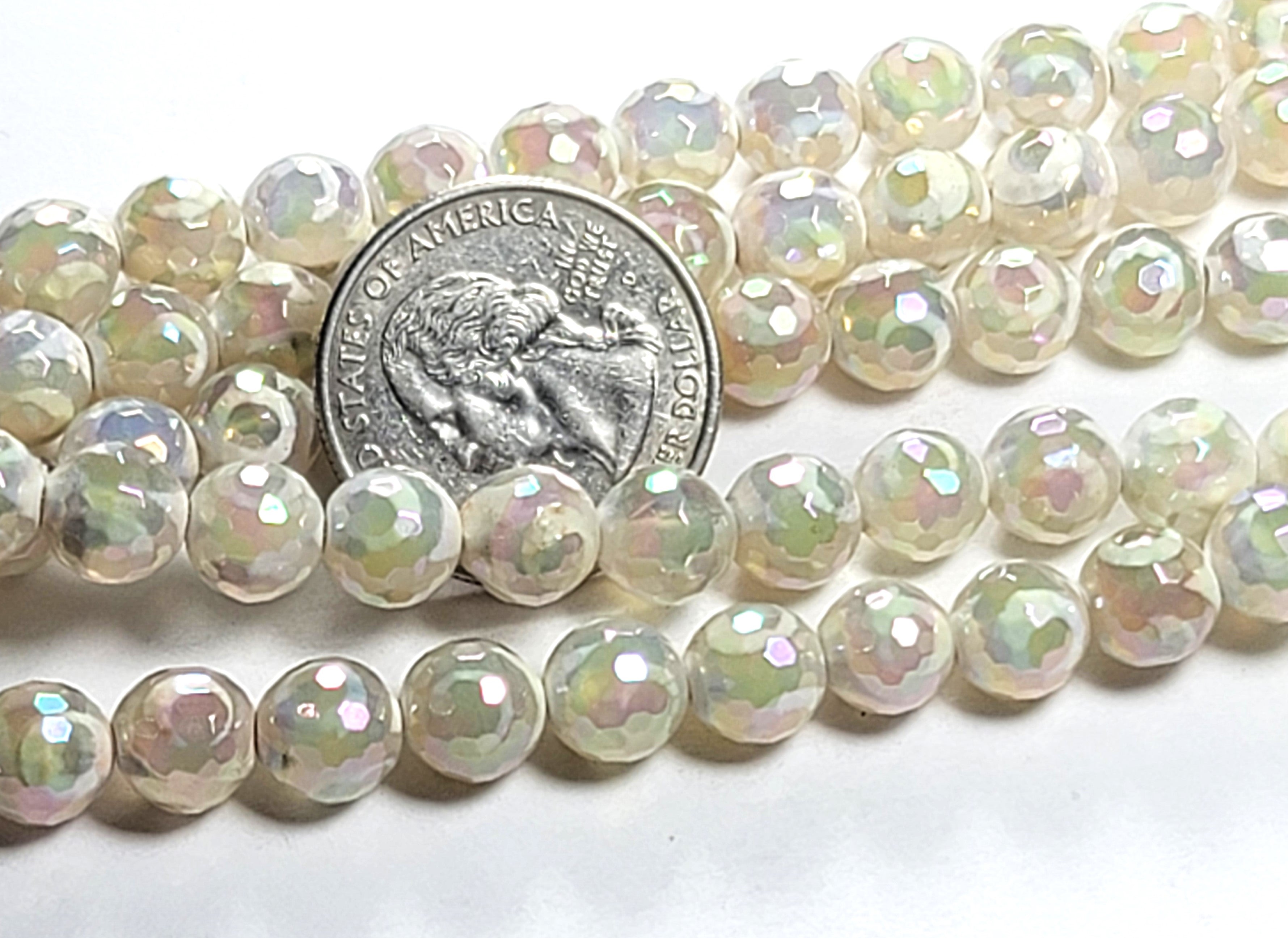 8mm Mystic Dzi White Dot Agate Faceted Round Gemstone Beads 8-Inch Strand