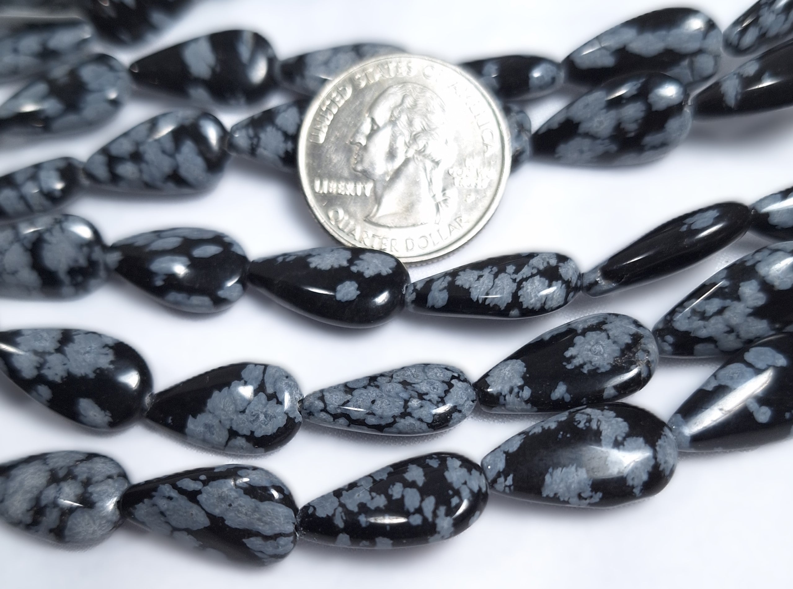 18x10 Snowflake Obsidian Puff Teardrop Gemstone Beads 16-Inch Strand
