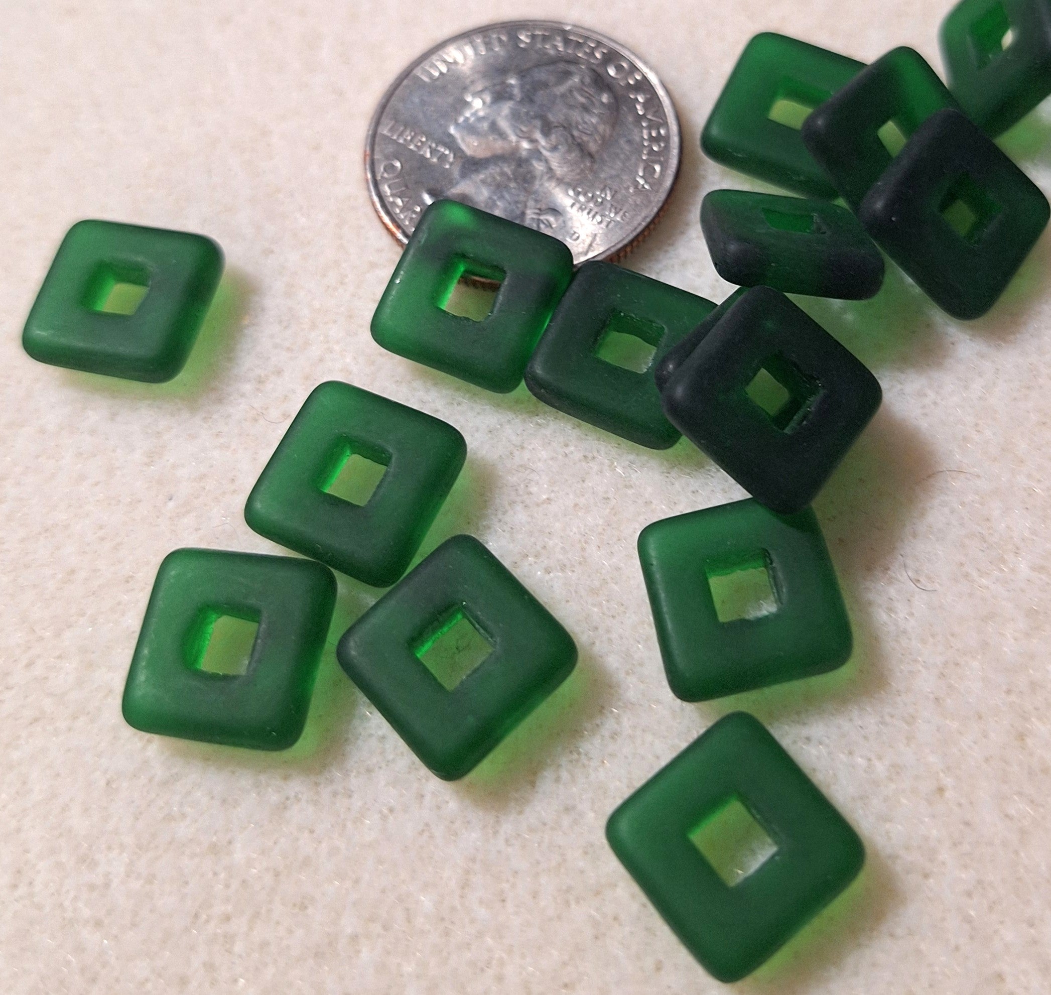 12mm Dark Green Matte Square Fancy Glass Czech Beads 10ct