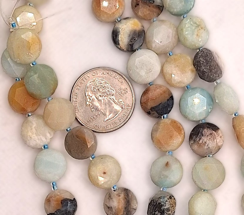 12mm Black Gold Amazonite Faceted Coin Gemstone Beads 8-Inch Strand