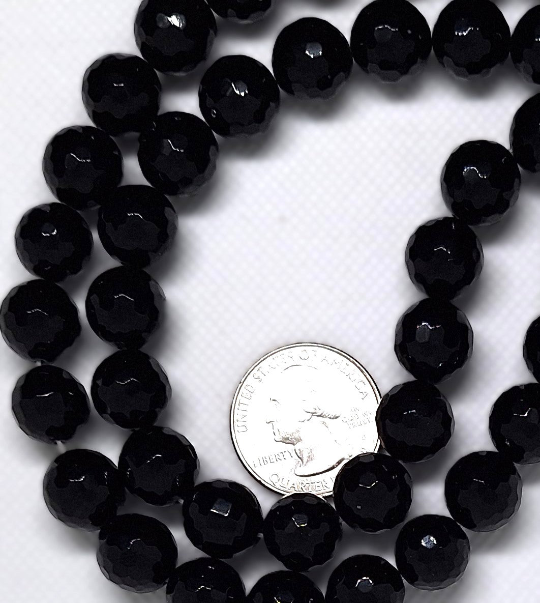 12mm Black Onyx Faceted Round Gemstone Beads 16-inch Strand