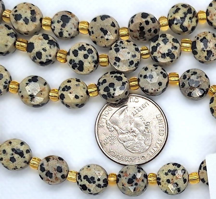 10mm Dalmation Jasper Faceted Coin Gemstone Beads 8-Inch Strand