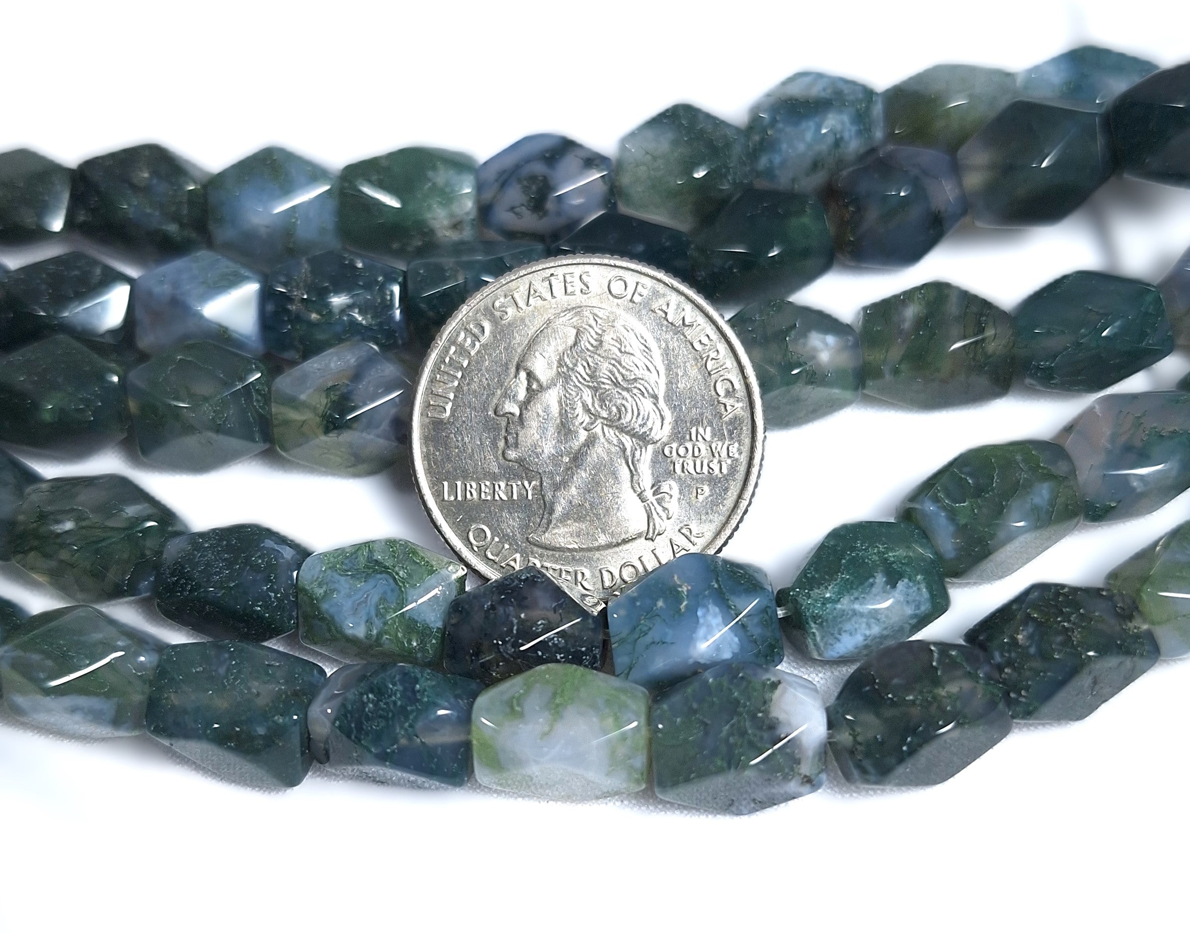 10x7mm Moss Agate Baroque Faceted Barrel Gemstone Beads 16-Inch Strand