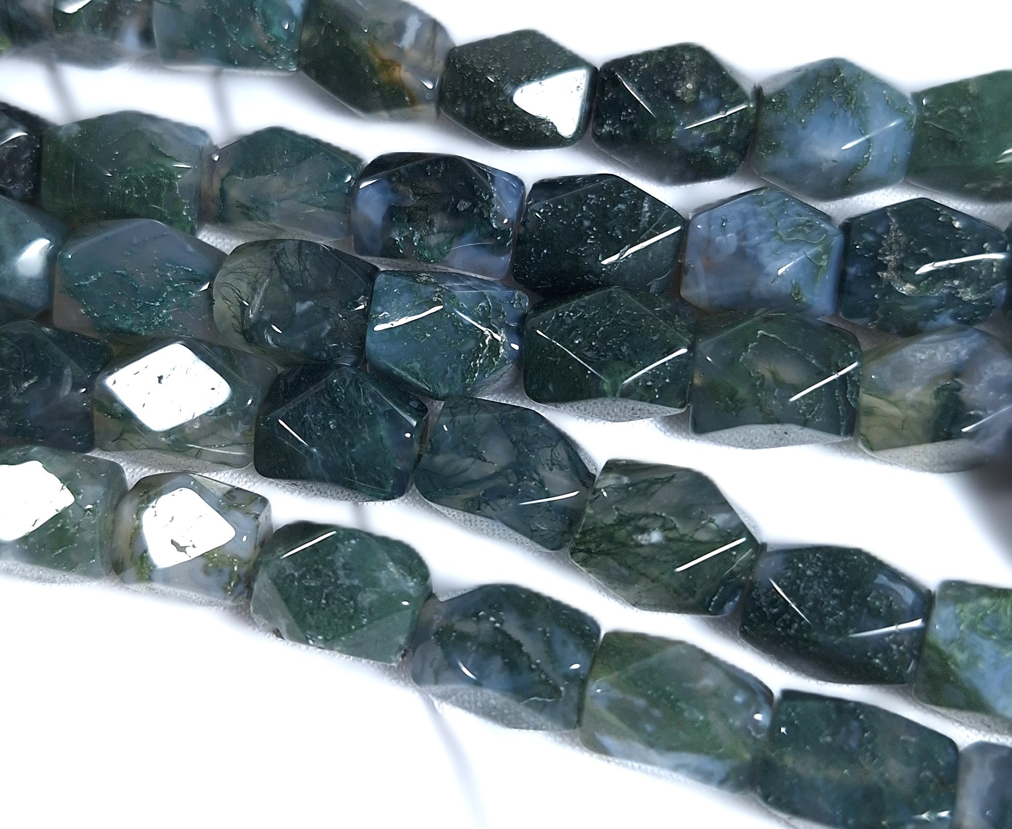 10x7mm Moss Agate Baroque Faceted Barrel Gemstone Beads 16-Inch Strand