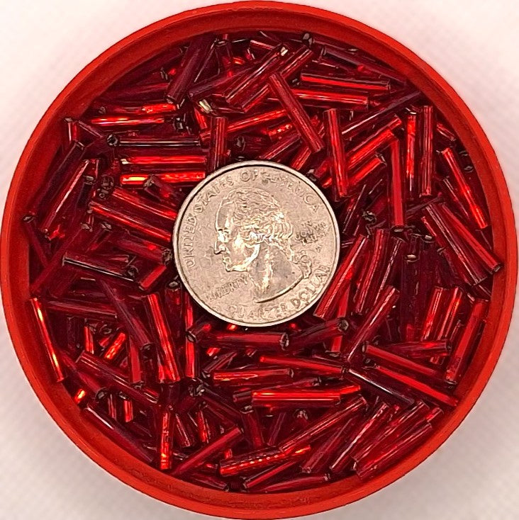 Dark Red Silver-Lined Transparent 15mm Bugle Beads 50g