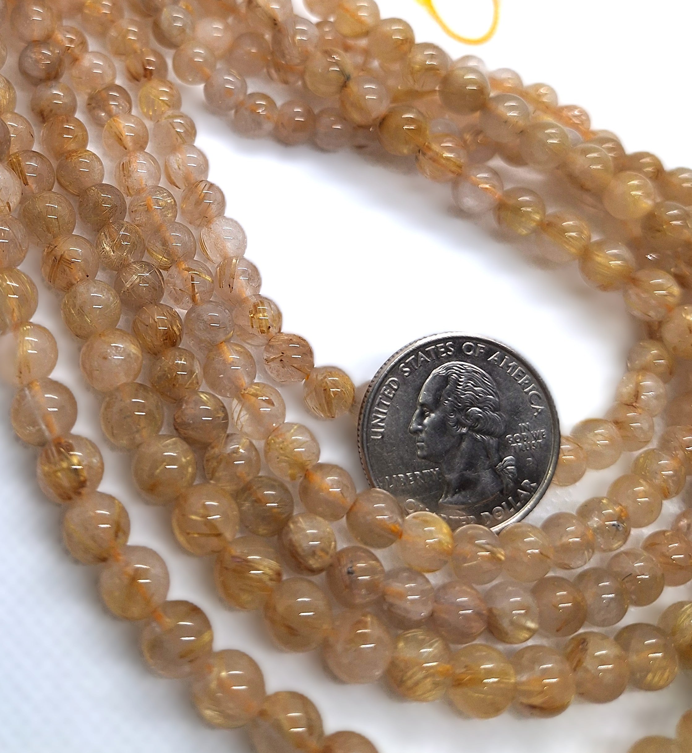 6-7mm Golden Rutilated Quartz Round Gemstone Beads 16-Inch Strand