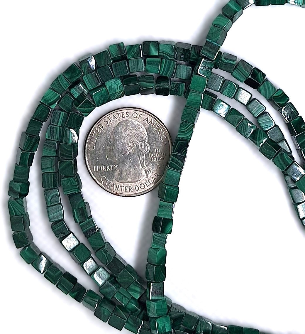 4mm Malachite Square Cube Gemstone Beads 16-inch Strand