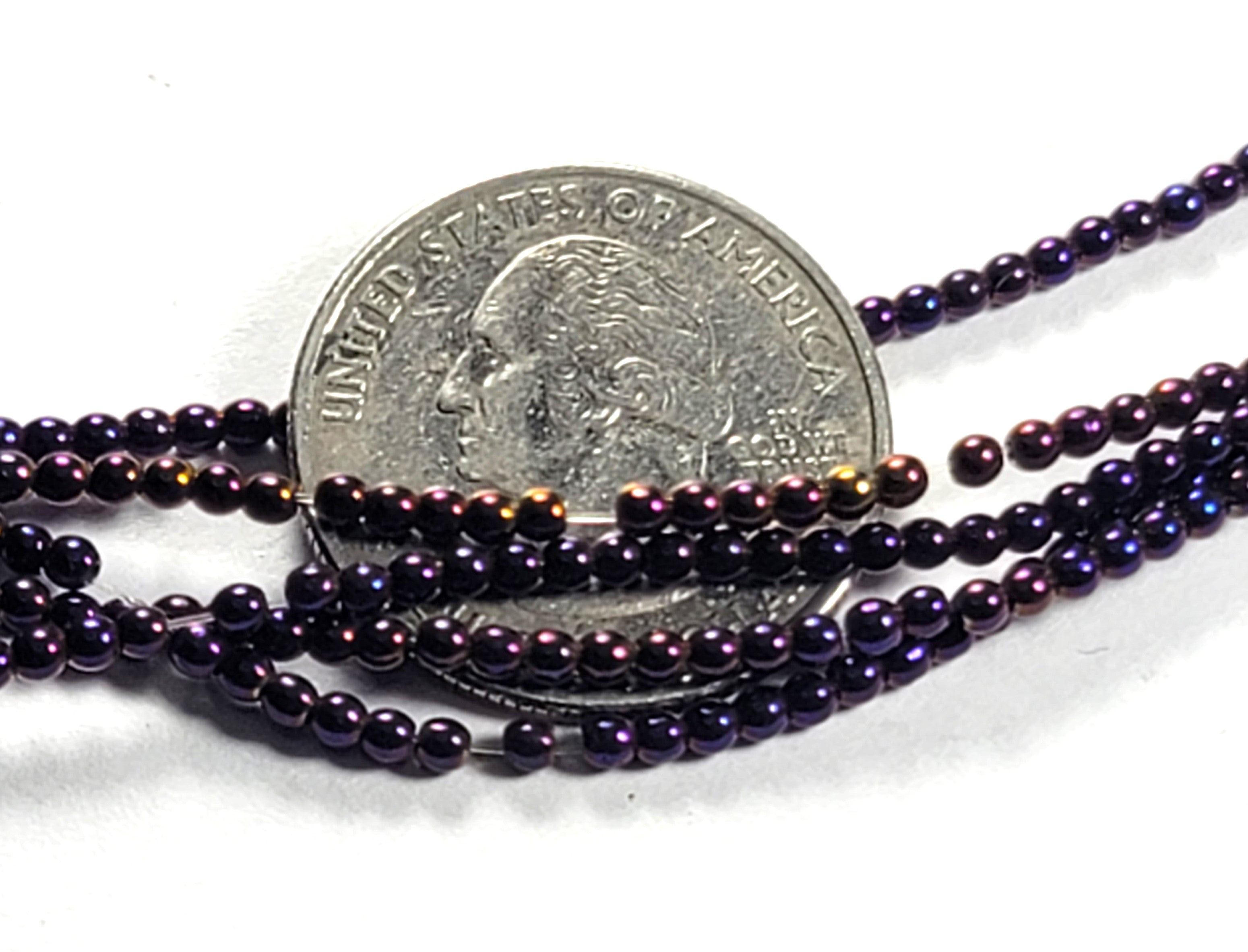 2mm Hematite Metallic Purple Round Gemstone Beads 8-Inch Strand