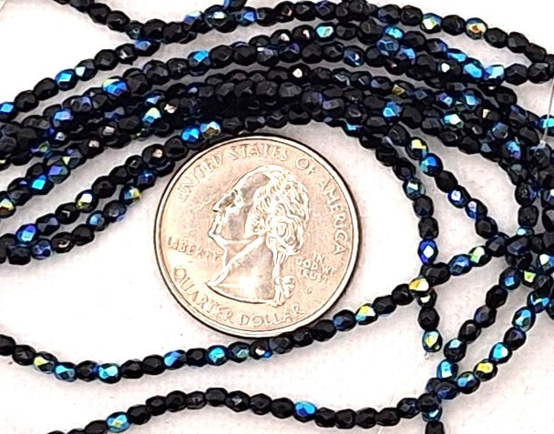 2mm Jet Black AB Opaque Fire-Polished Faceted Round Beads 50ct