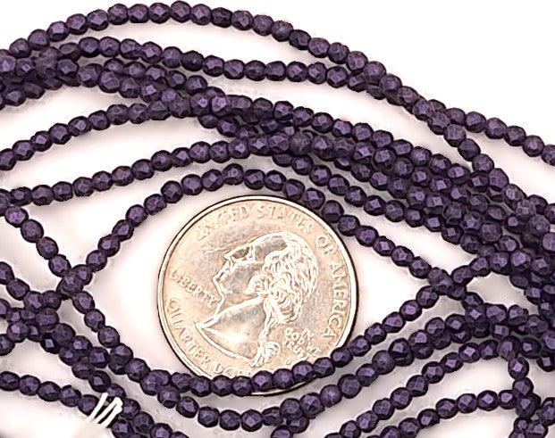 2mm Purple Metallic Suede Fire-Polished Faceted Round Beads 50ct