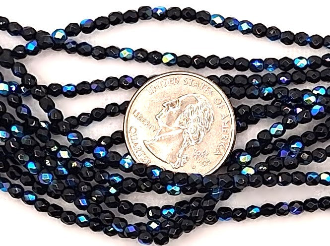 3mm Jet Black AB Opaque Fire-Polished Faceted Round Beads 50ct