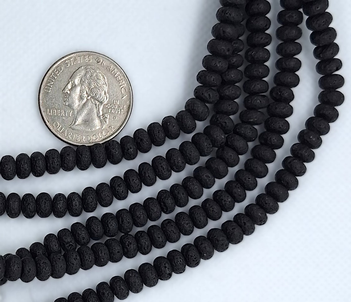 6x4mm Black Lava Rondelle Gemstone Beads 8-Inch Strand