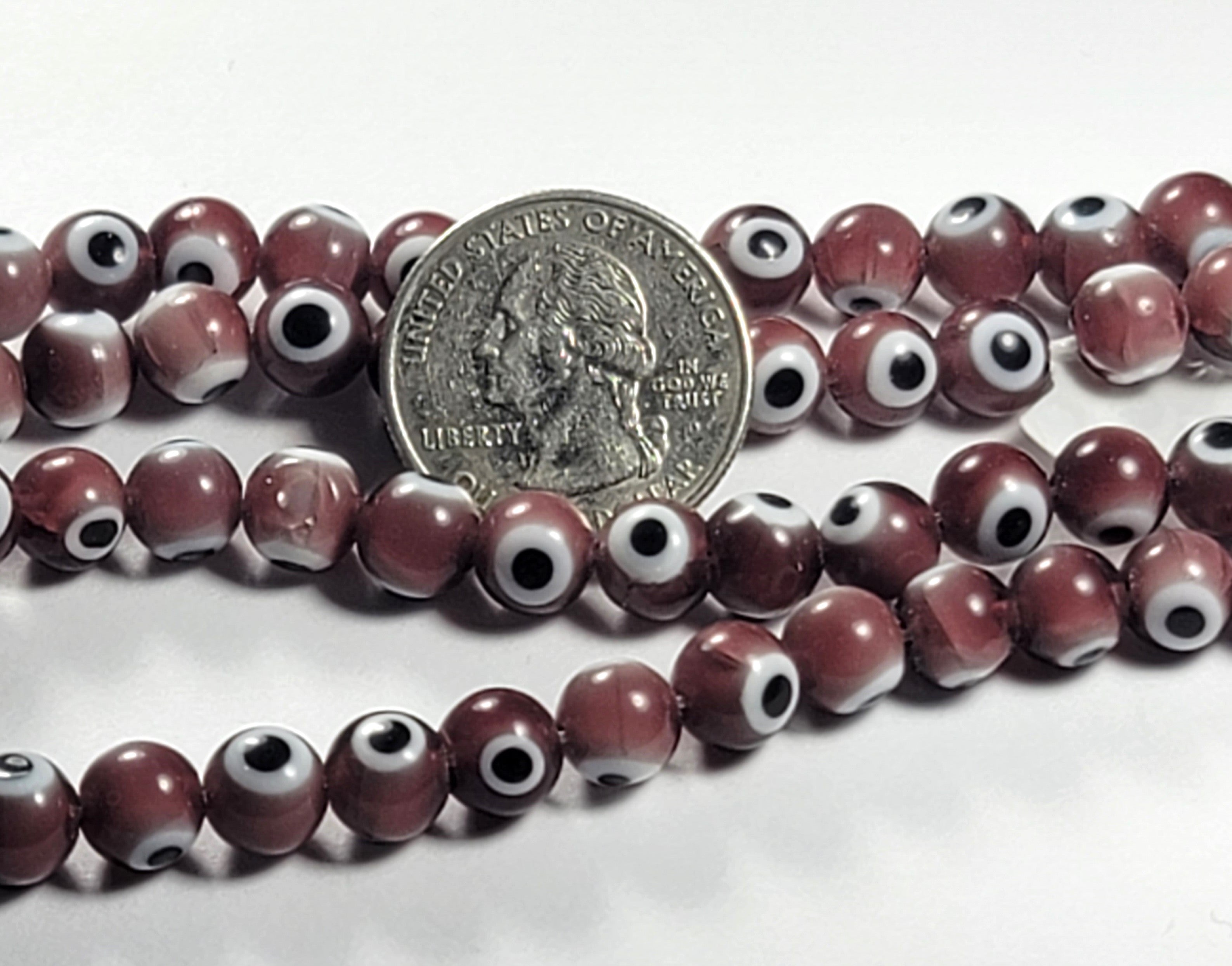 8mm Evil Eye Purple Round Glass Beads 8-Inch Strand