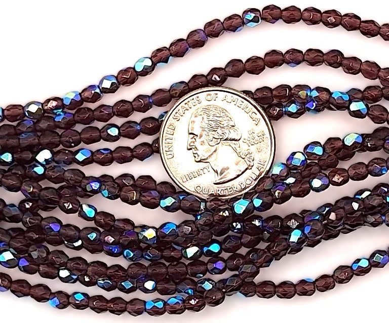 4mm Dark Amethyst Purple AB Transparent Fire-Polished Faceted Round Beads 50ct