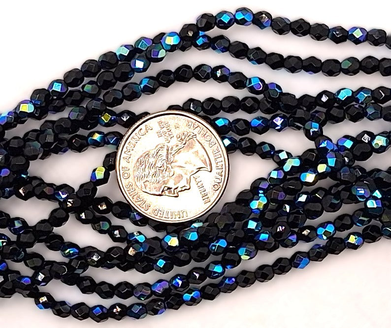 4mm Jet Black AB Opaque Fire-Polished Faceted Round Beads 50ct