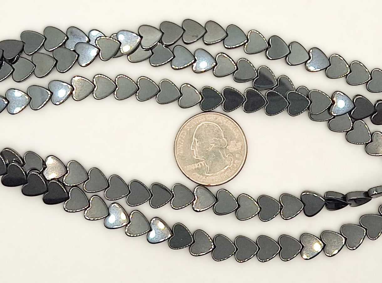8mm Hematite Flat Heart Gemstone Beads 8-inch Strand