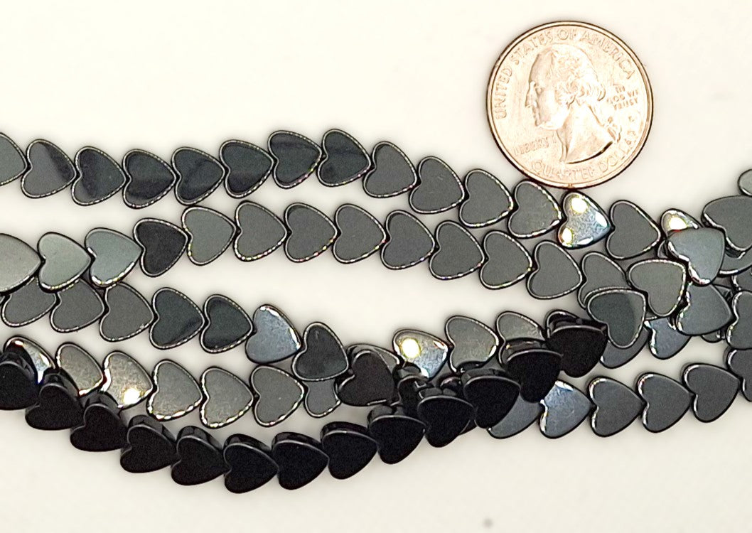 8mm Hematite Flat Heart Gemstone Beads 8-inch Strand