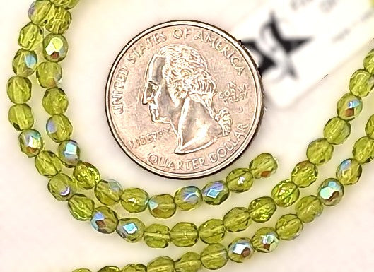 4mm Olivine Green Transparent AB Fire-Polished Faceted Round Beads 50ct