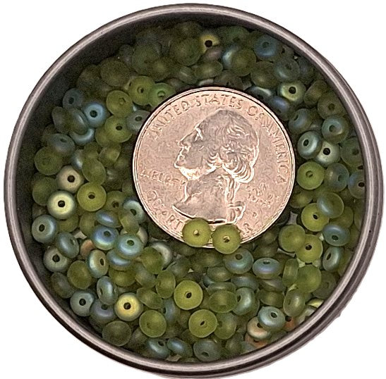 4mm Frosted Olivine Green AB Smooth Pressed Glass Rondelle Beads 100ct