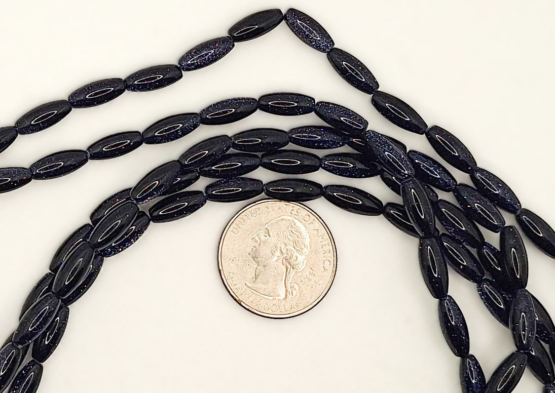 12x5mm Blue Goldstone Rice Gemstone Beads 8-inch Strand