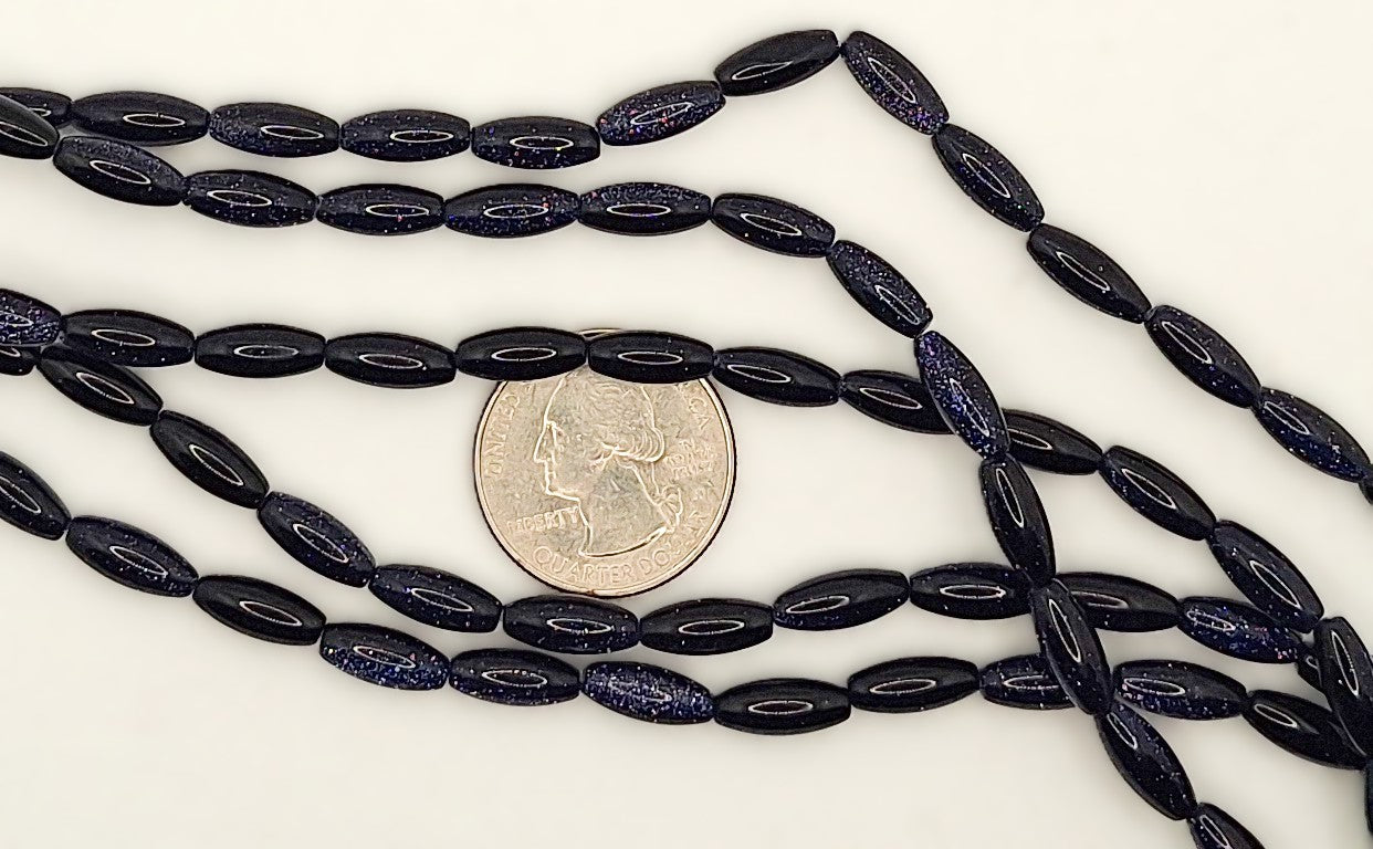 12x5mm Blue Goldstone Rice Gemstone Beads 8-inch Strand