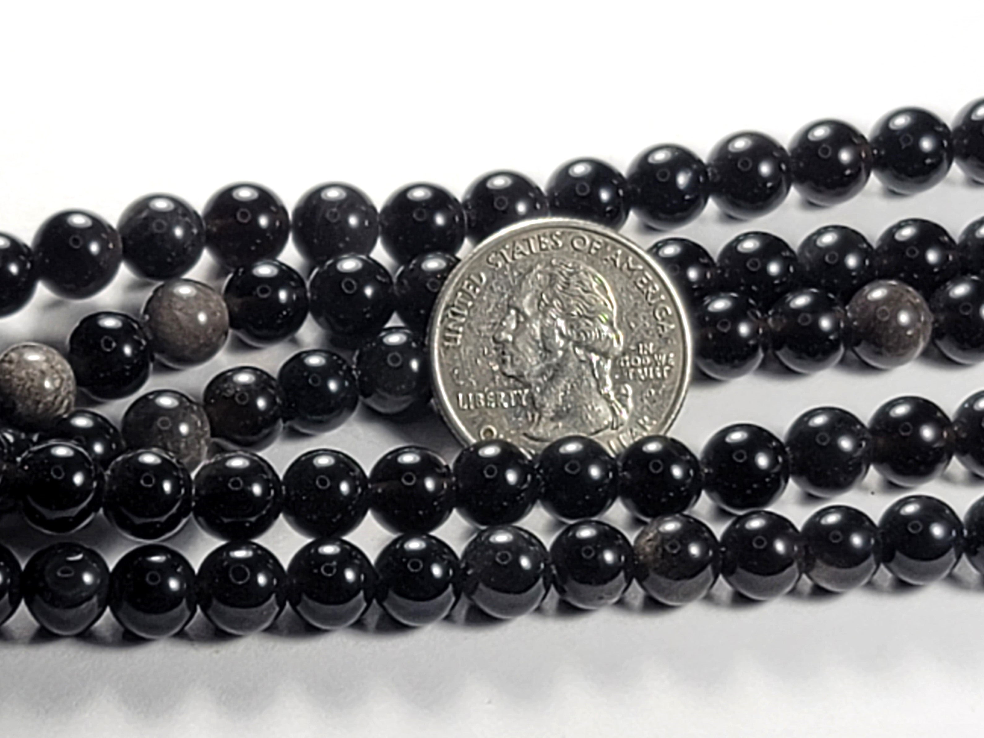 8mm Silver Obsidian Round Gemstone Beads 8-Inch Strand