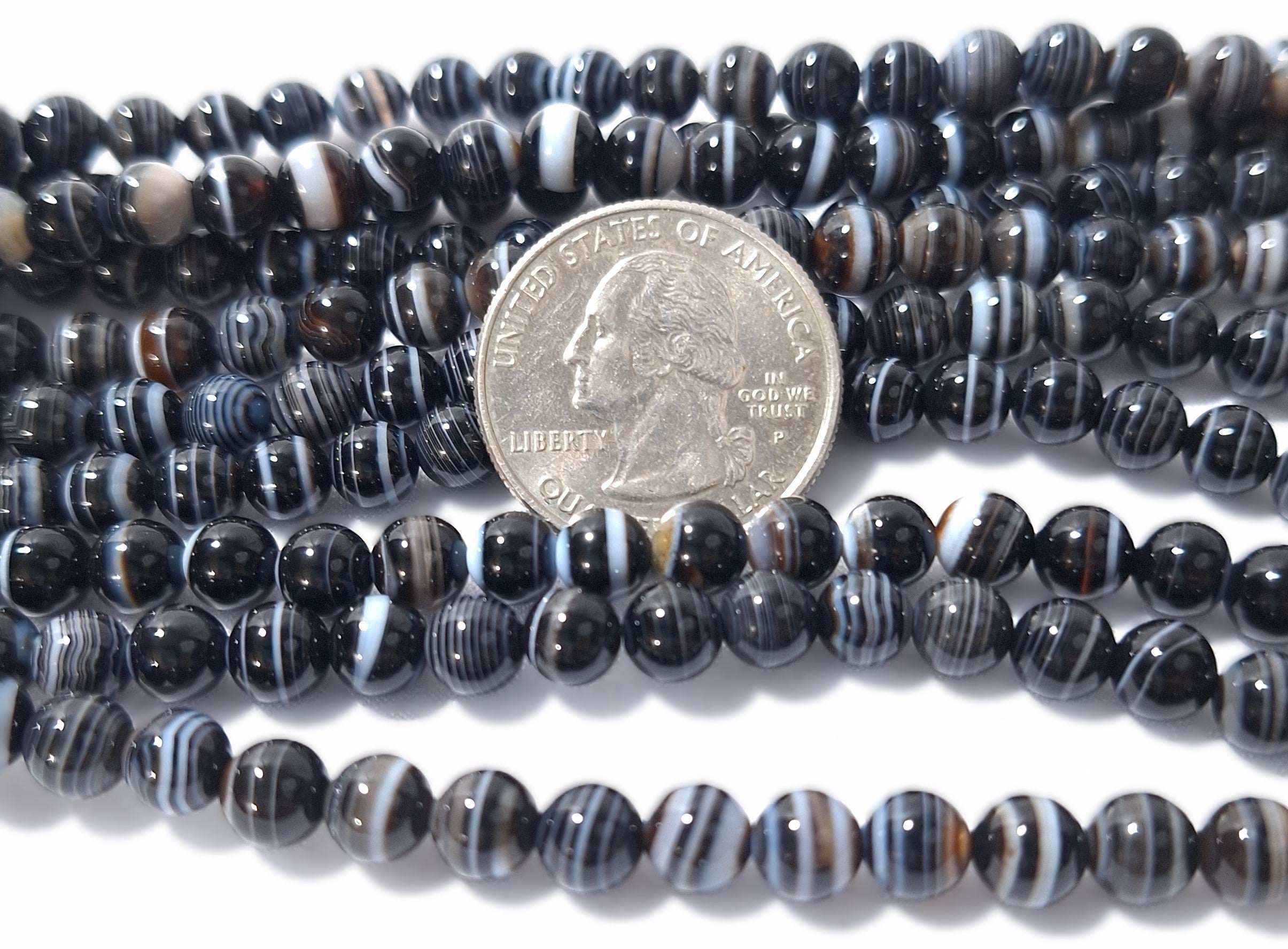 6mm Black Banded Agate Round Gemstone Beads 16-Inch Strand