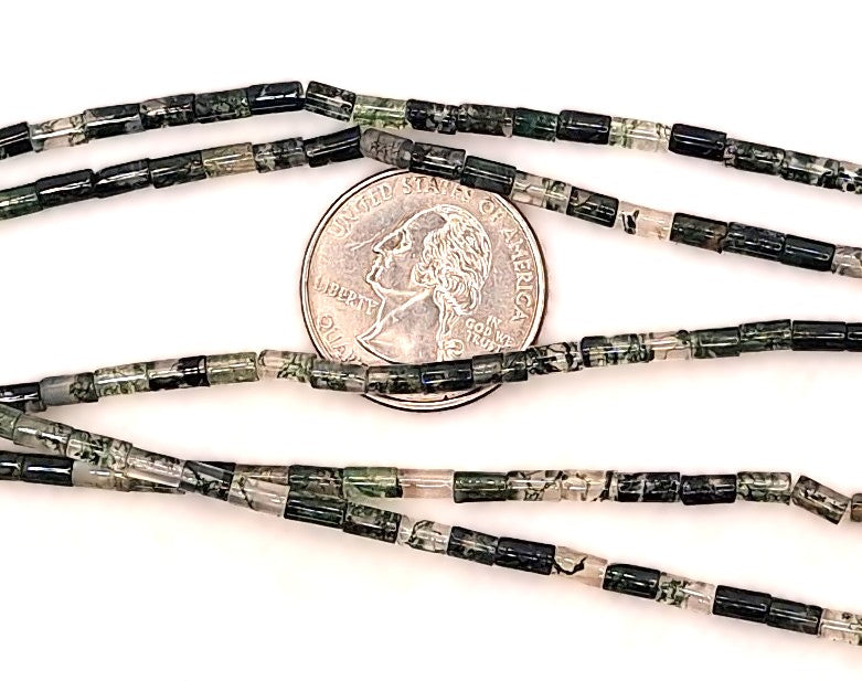 5x3mm Moss Agate Tiny Round Cylinder Gemstone Beads 8-Inch Strand