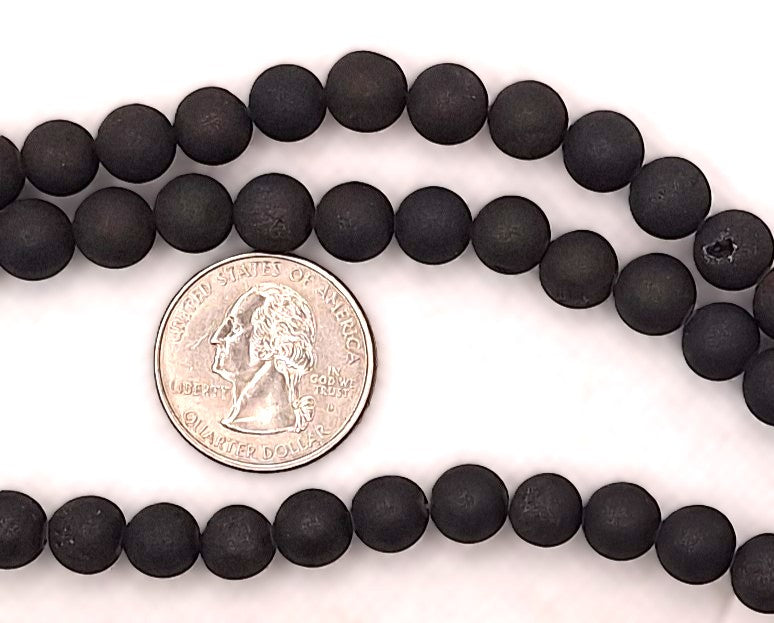 8mm Druzy Matte Metallic Black Agate Round Gemstone Beads 8-Inch Strand