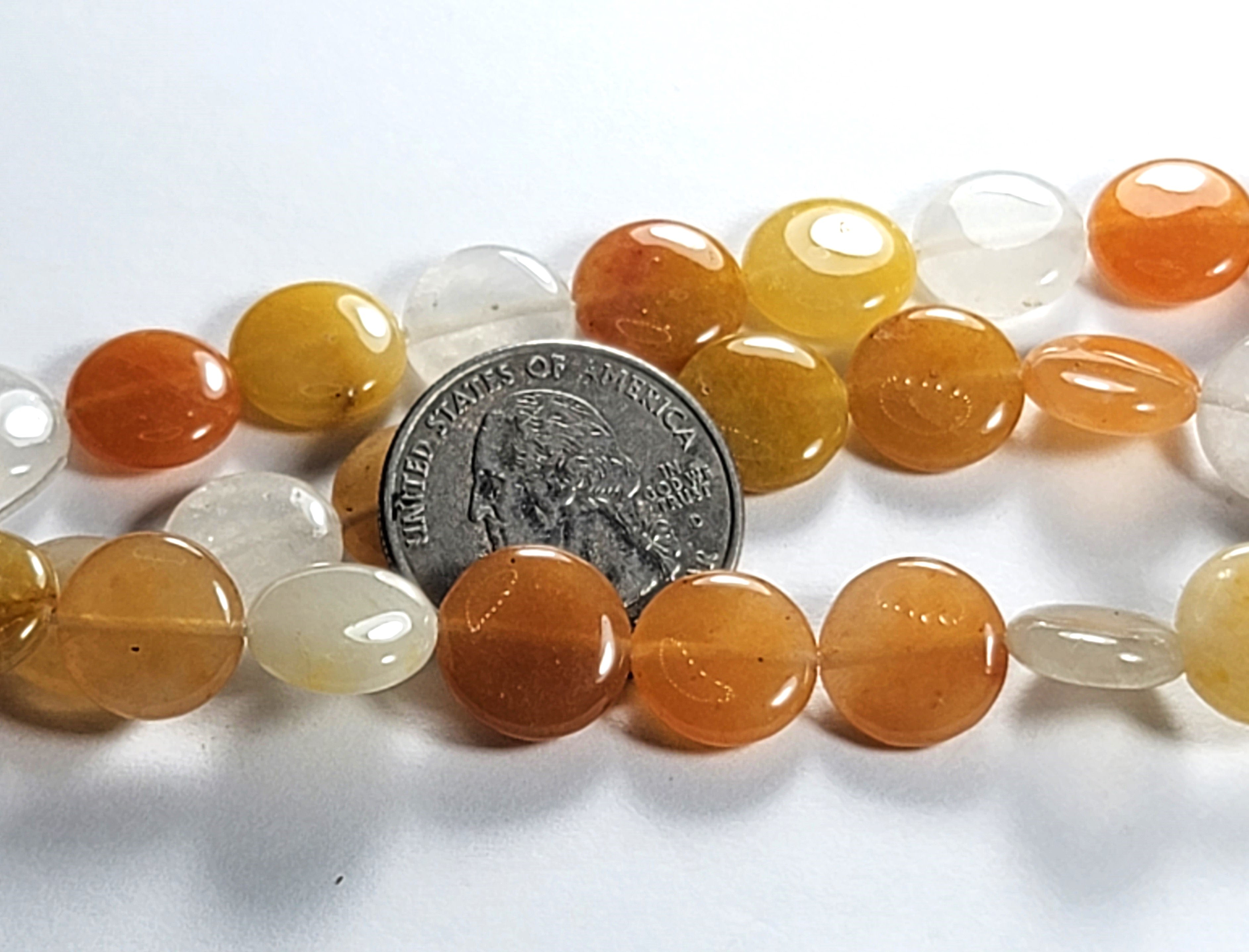 12mm Yellow Jade Puffed Coin Gemstone Beads 8-Inch Strand