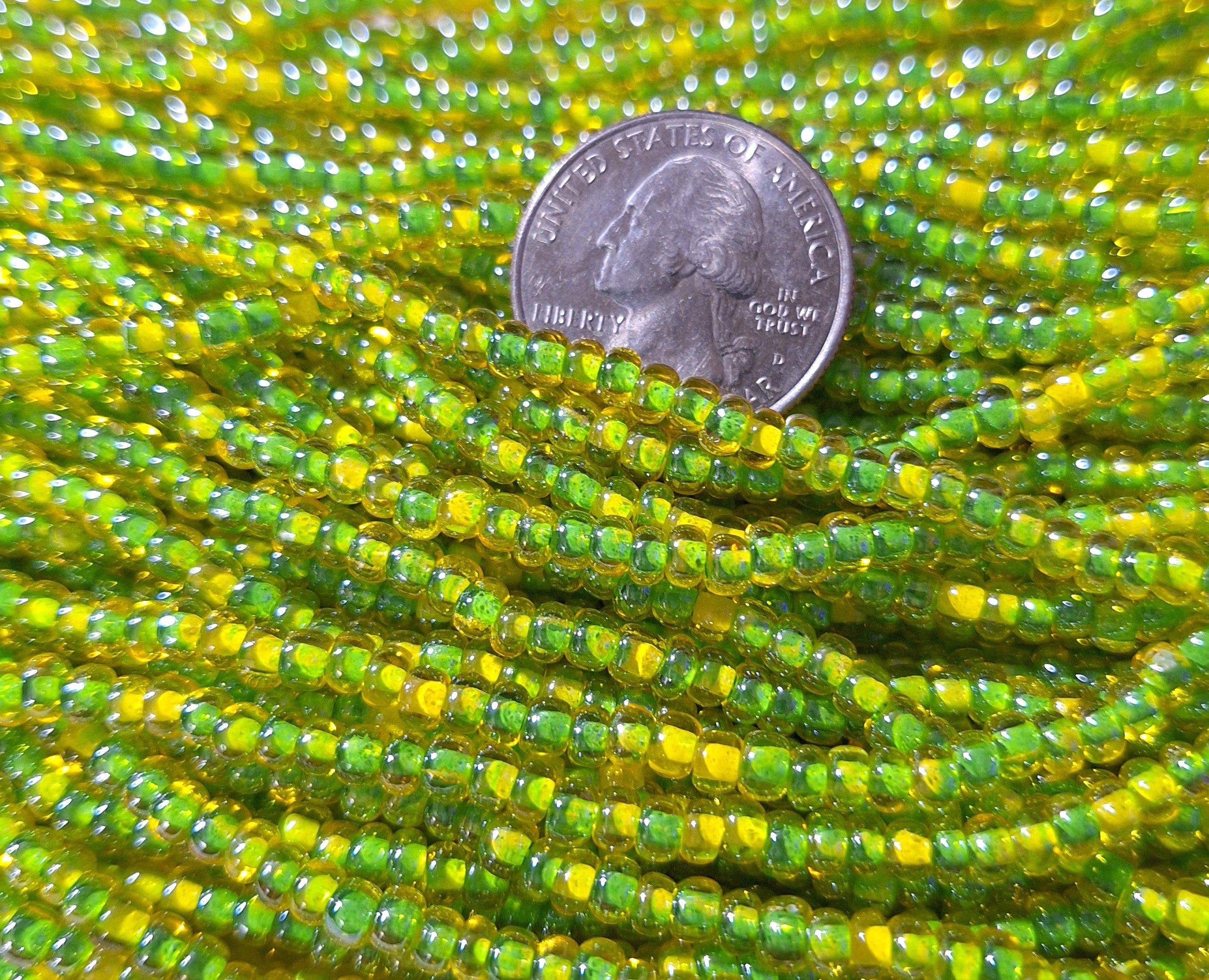 6/0 Green-Lined Jonquil Transparent Czech Glass Seed Beads Four Strands