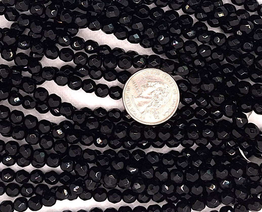 6mm Jet Black Opaque Fire-Polished Faceted Round Beads 25ct
