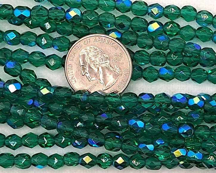 6mm Emerald Green AB Transparent Fire-Polished Faceted Round Beads 25ct