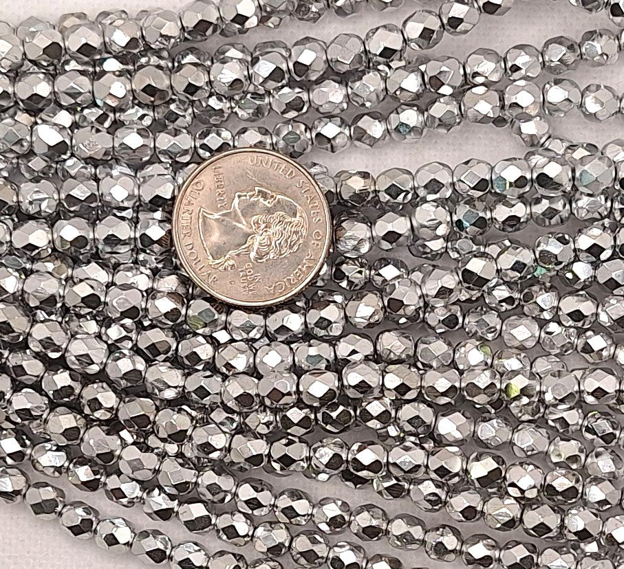 6mm Metallic Silver Opaque Fire-Polished Faceted Round Beads 25ct