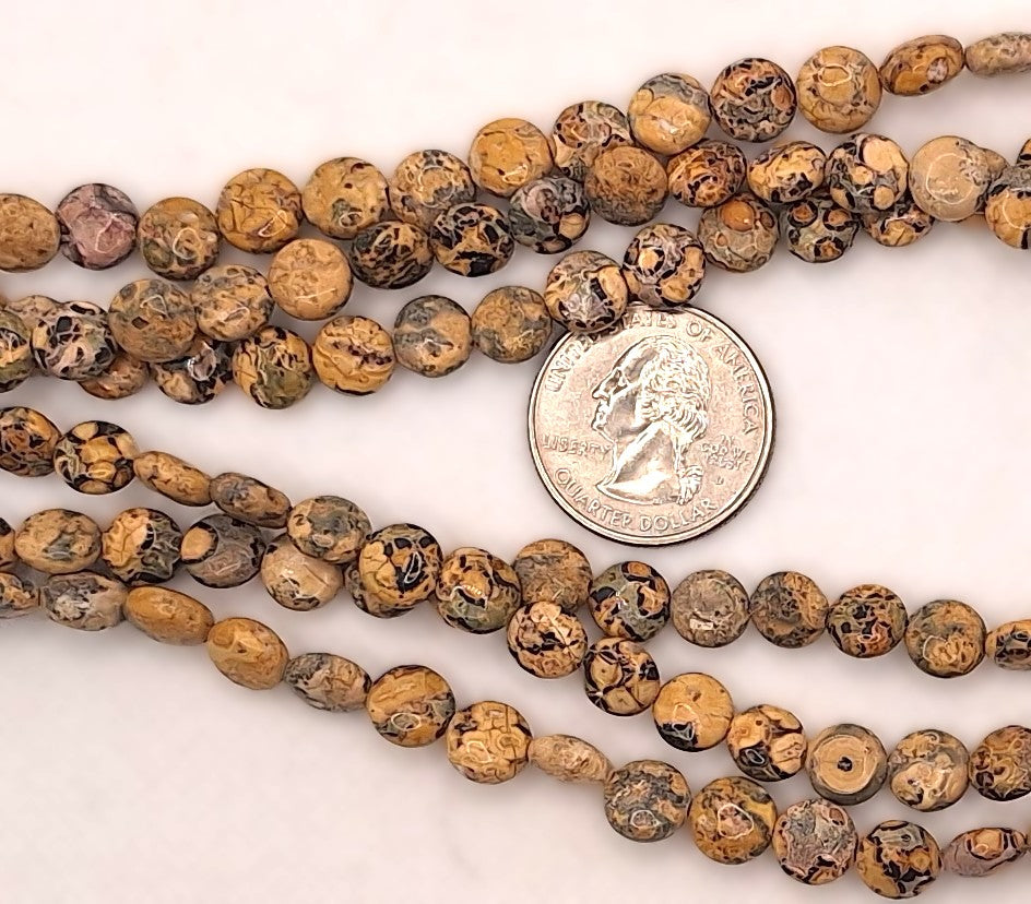 8mm Leopard Skin Jasper Puff Coin Gemstone Beads 16-inch Strand