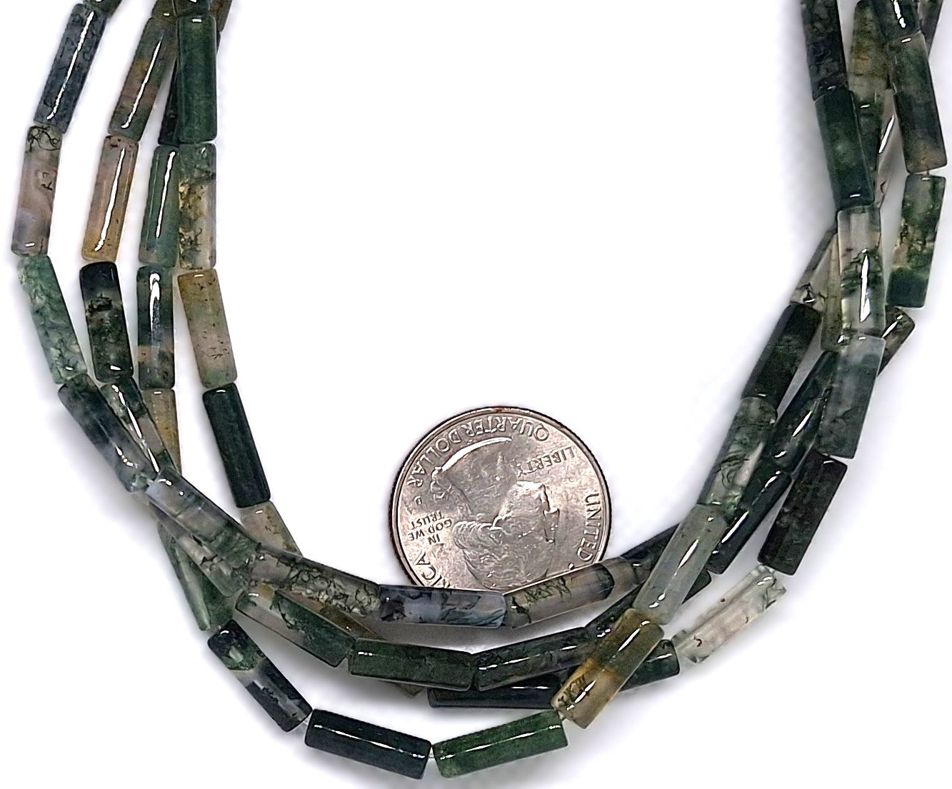 13x4mm Moss Agate Round Cylinder Gemstone Beads 16-inch Strand