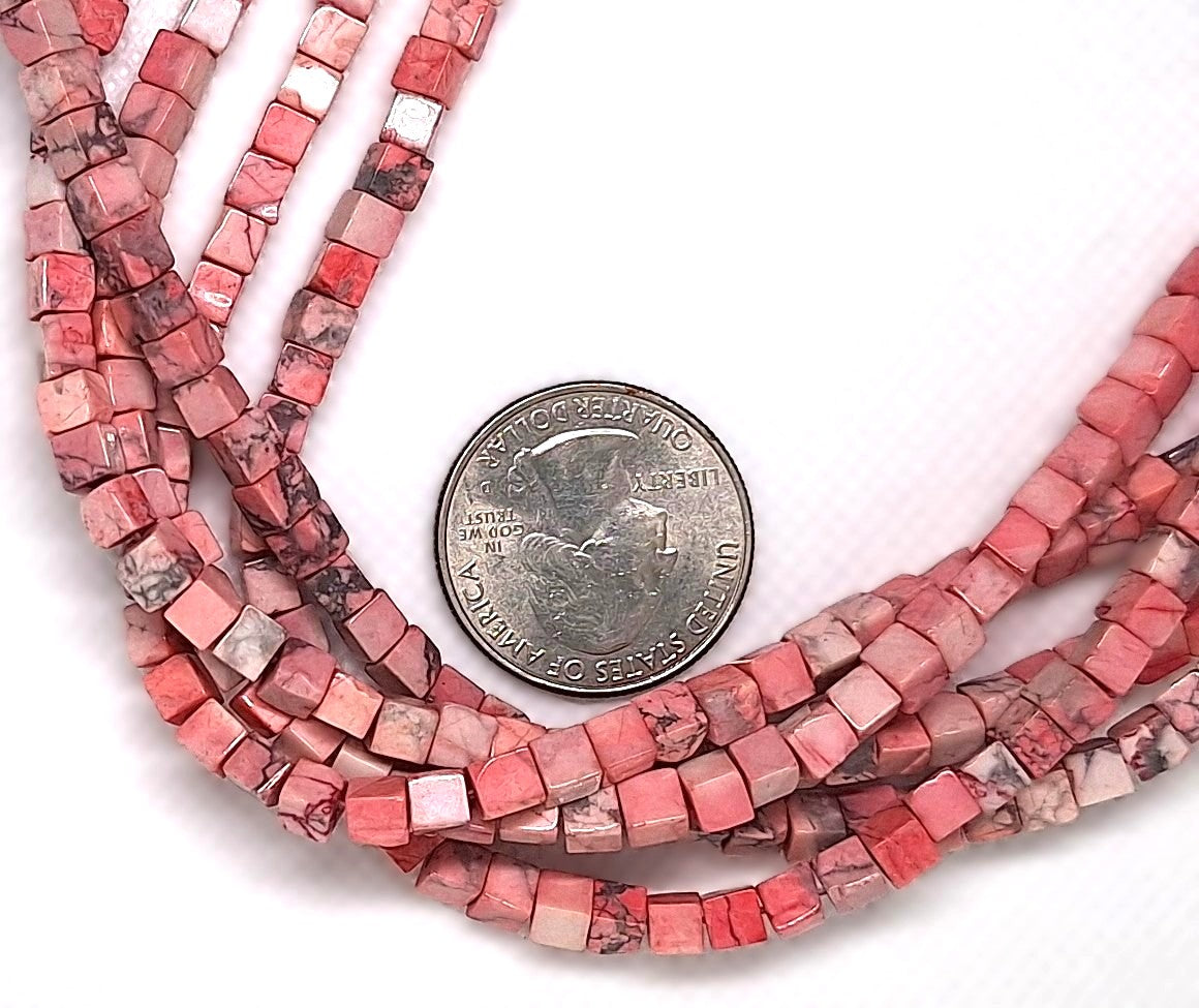 4mm Pink Howlite Dyed Square Cube Gemstone Beads 16-inch Strand
