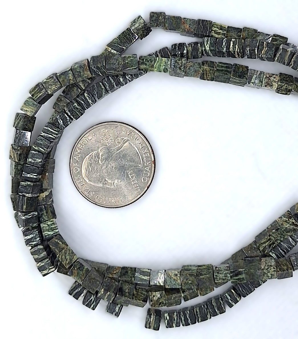 4mm Green Zebra Jasper Cube Gemstone Beads 16-Inch Strand
