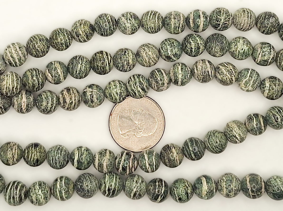 10mm Green Zebra Jasper Round Gemstone Beads 8-inch Strand