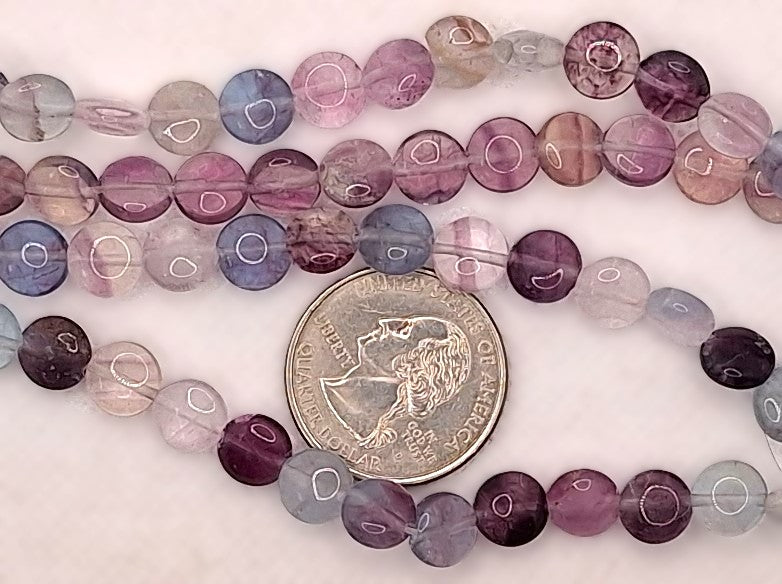 8mm Rainbow Fluorite Puff Coin Gemstone Beads 8-Inch Strand