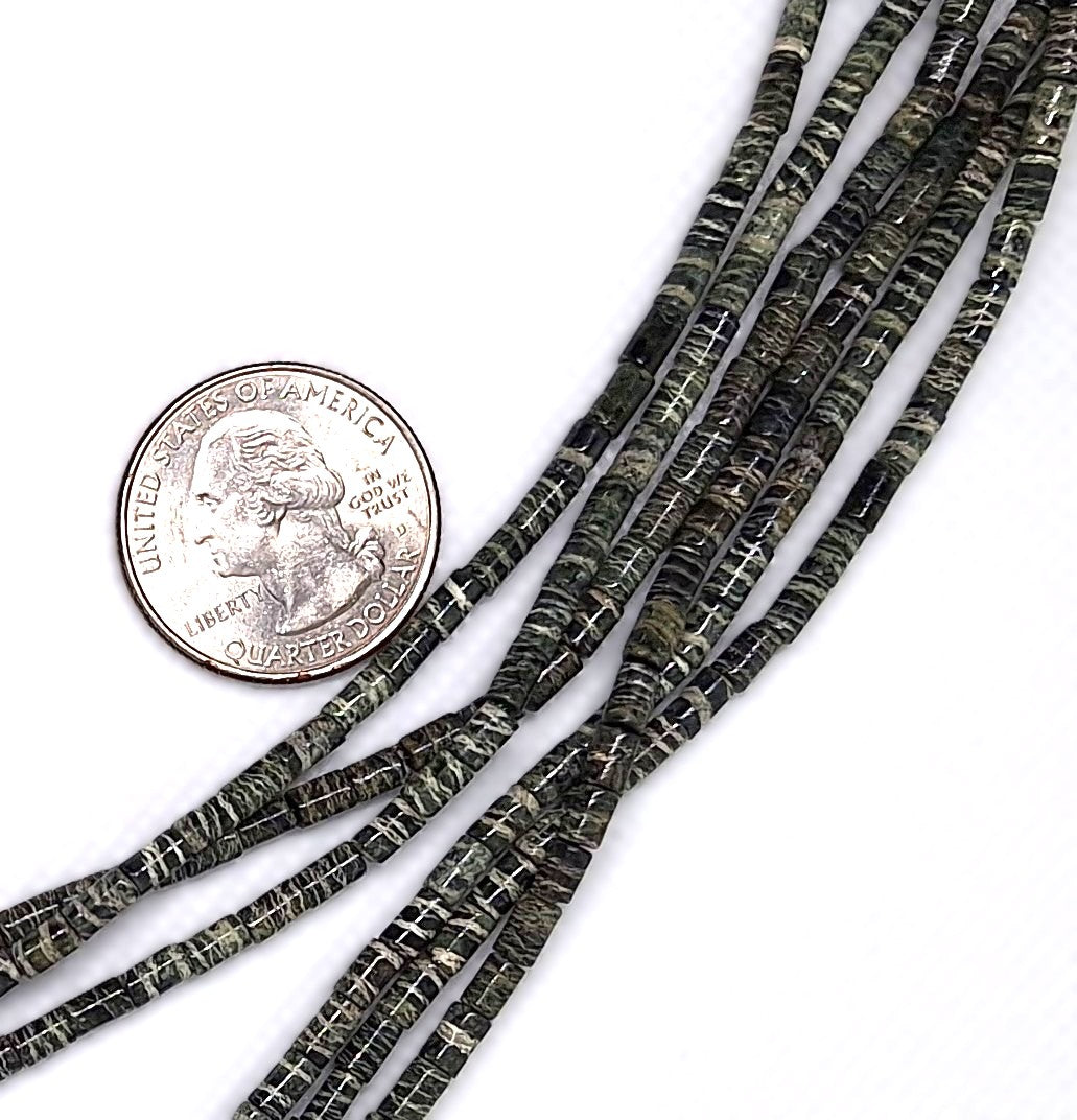 6x3mm Green Zebra Jasper Cylinder Tube Gemstone Beads 16-inch Strand