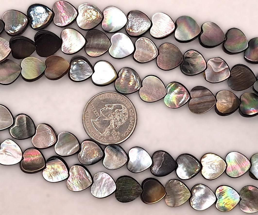 11mm Black Lip Mother of Pearl MOP Flat Heart Beads 8-Inch Strand