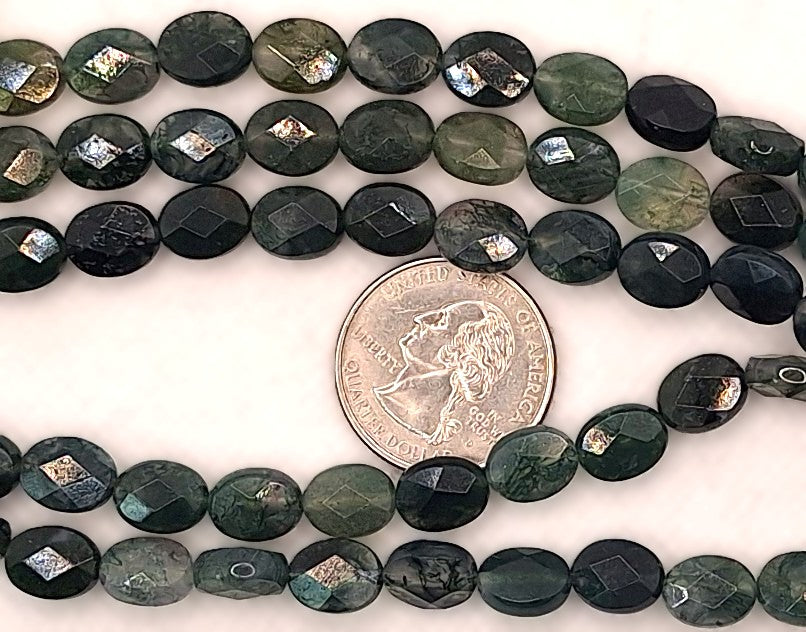 10x8mm Moss Agate Faceted Oval Gemstone Beads 8-Inch Strand