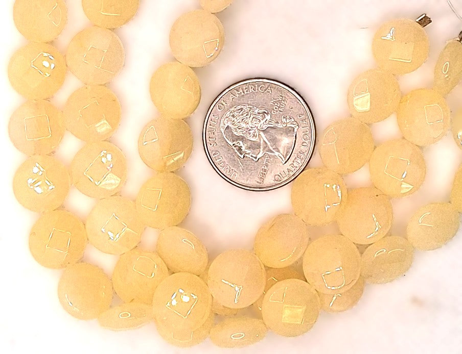12mm Yellow Jade Faceted Coin Gemstone Beads 8-Inch Strand