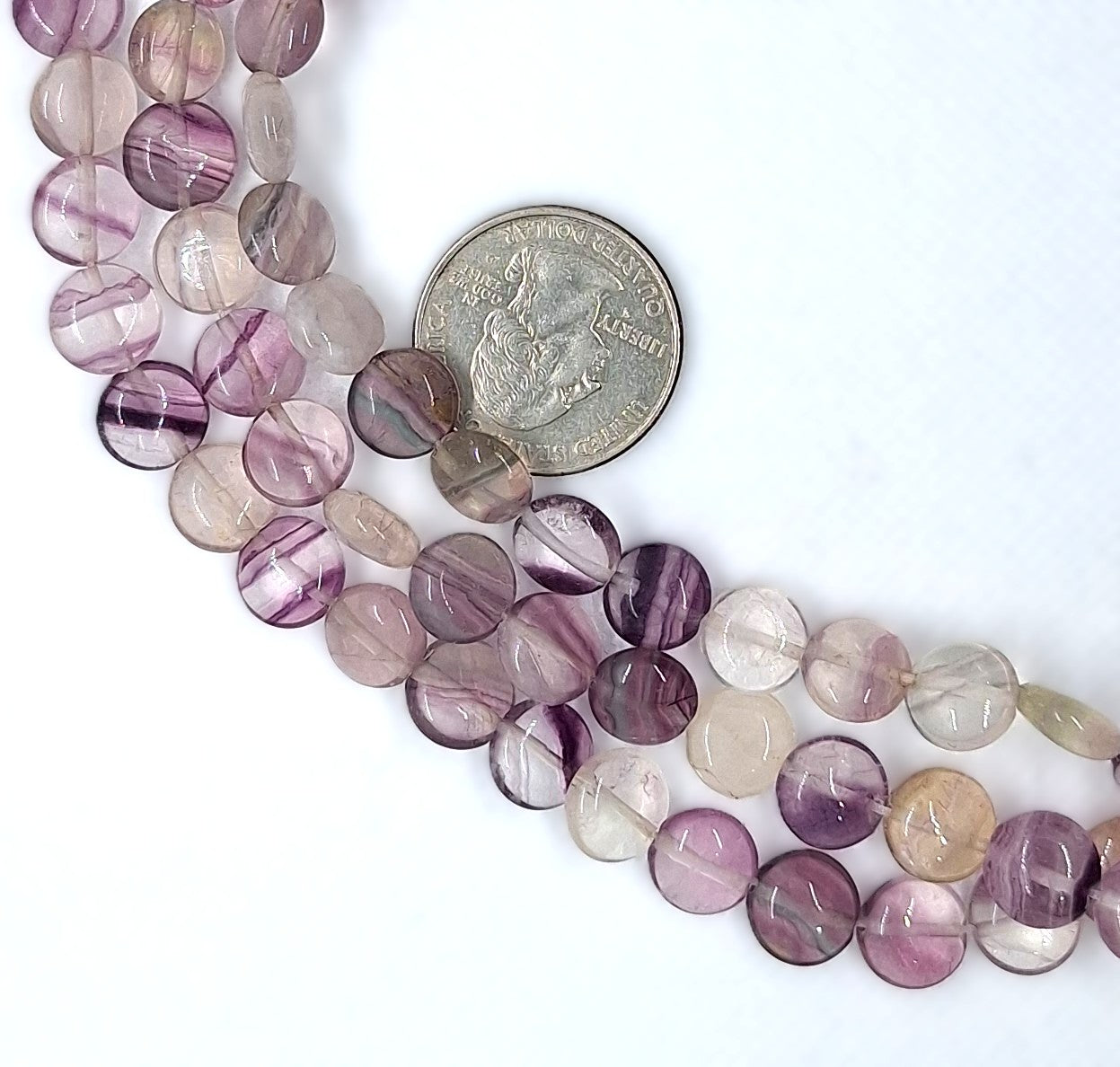 10mm Purple Fluorite Puffed Coin Gemstone Beads 8-Inch Strand