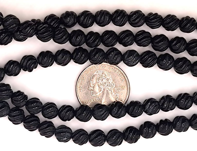 8mm Black Onyx Twisted Carved Melon Gemstone Beads 8-Inch Strand